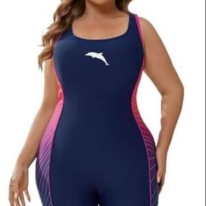 Plus-Size Navy One-Piece Swim Suit with Pink Side Panels